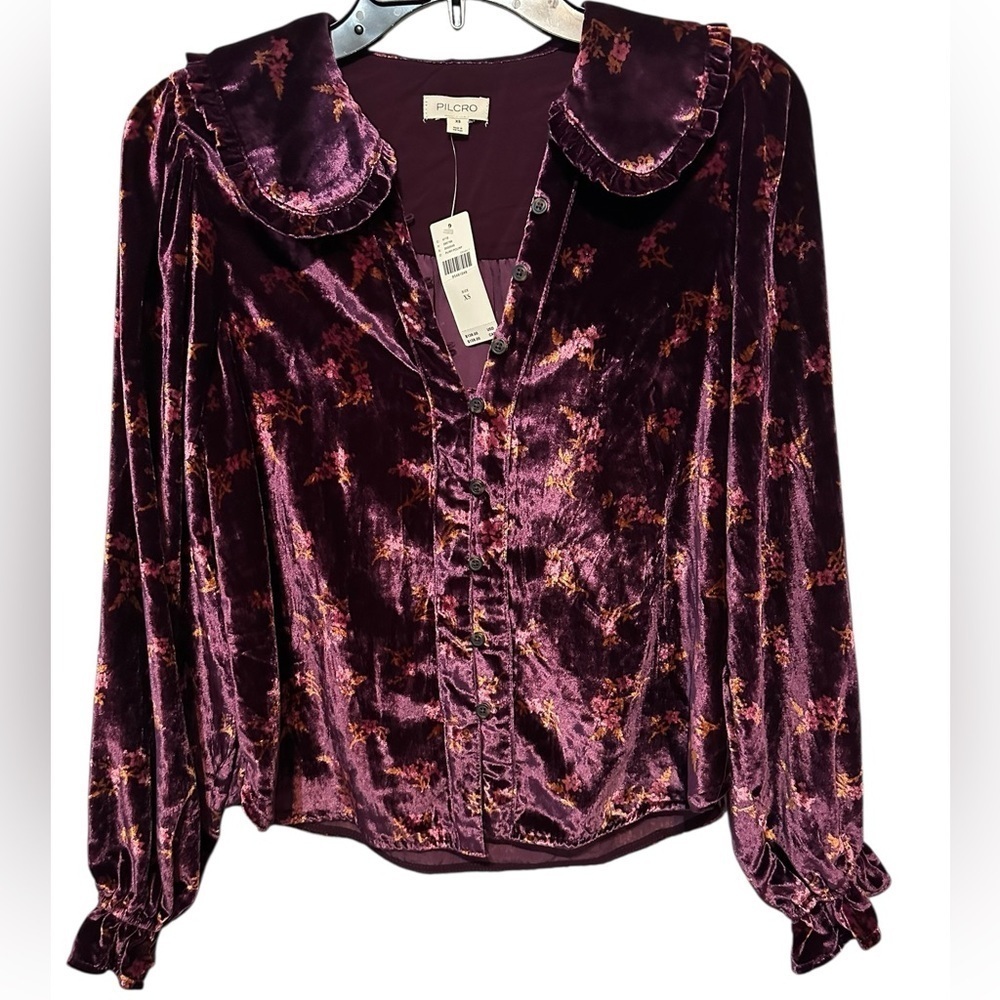 Anthropologie Purple Floral Velvet Pilcro Collared Button-Up Top Blouse - Picture 5 of 10